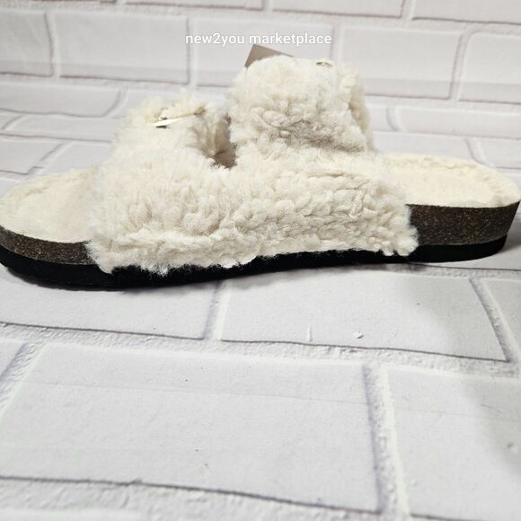 New Womens Auden Faux Fur Tan Open Toe Slippers Size 8 Color cream warm sandal - Picture 3 of 10